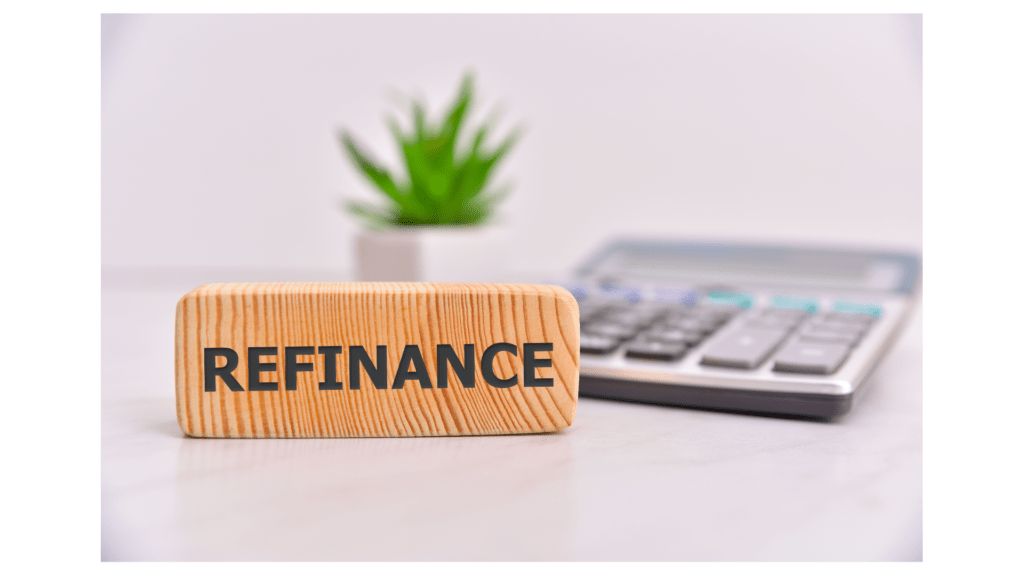Block with "Refinance" next to calculator and plant, symbolizing refinance and credit planning in Colorado