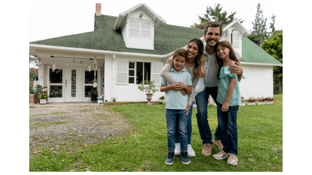 Family in front of their Colorado home after completing a mortgage refinance process