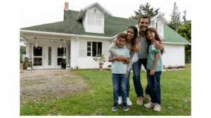 Family in front of their Colorado home after completing a mortgage refinance process