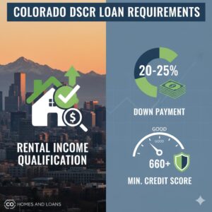 Infographic summarizing DSCR loan requirements in Colorado, showing 20-25% down payment and 660+ minimum credit score for investors.