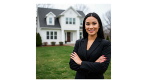 Professional real estate agent standing in front of a home, representing questions to ask before hiring a real estate agent