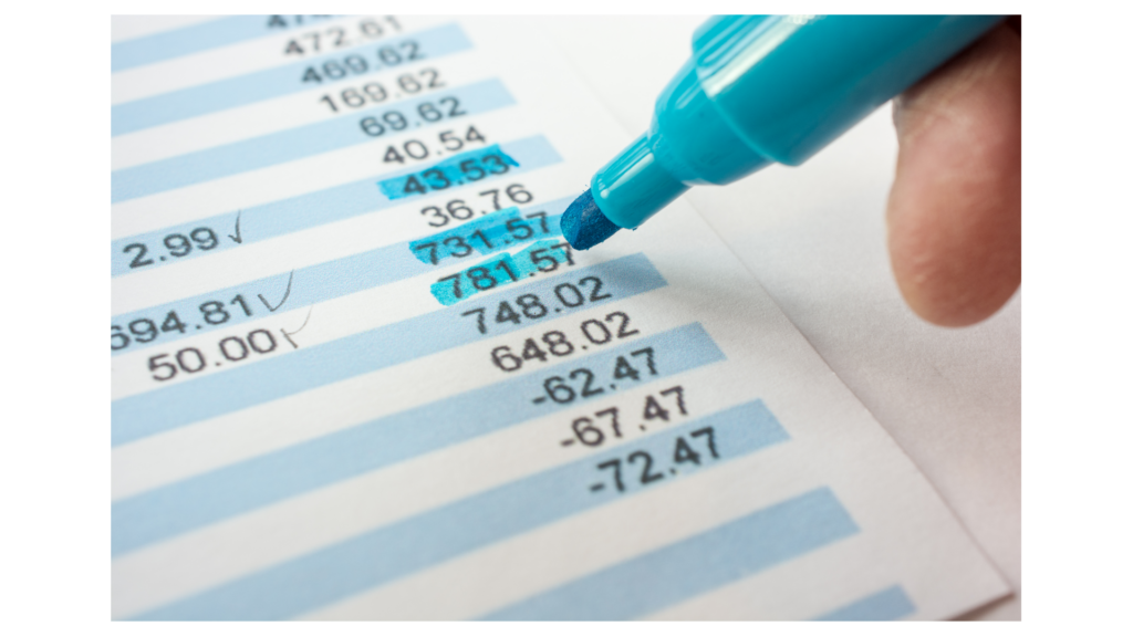 Blue marker highlighting a large deposit amount on a bank statement, symbolizing a mortgage underwriter reviewing self-employed income.