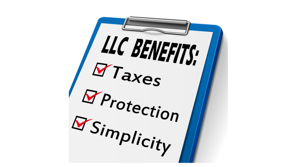 Clipboard checklist showing the three main benefits of using an LLC for real estate investing: Taxes, Protection, and Simplicity.