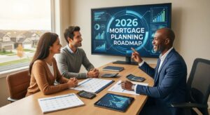 Mortgage consultation in an office with a screen reading ‘2026 Mortgage Planning Roadmap’ and charts, with calendars, calculators, and documents on the table.