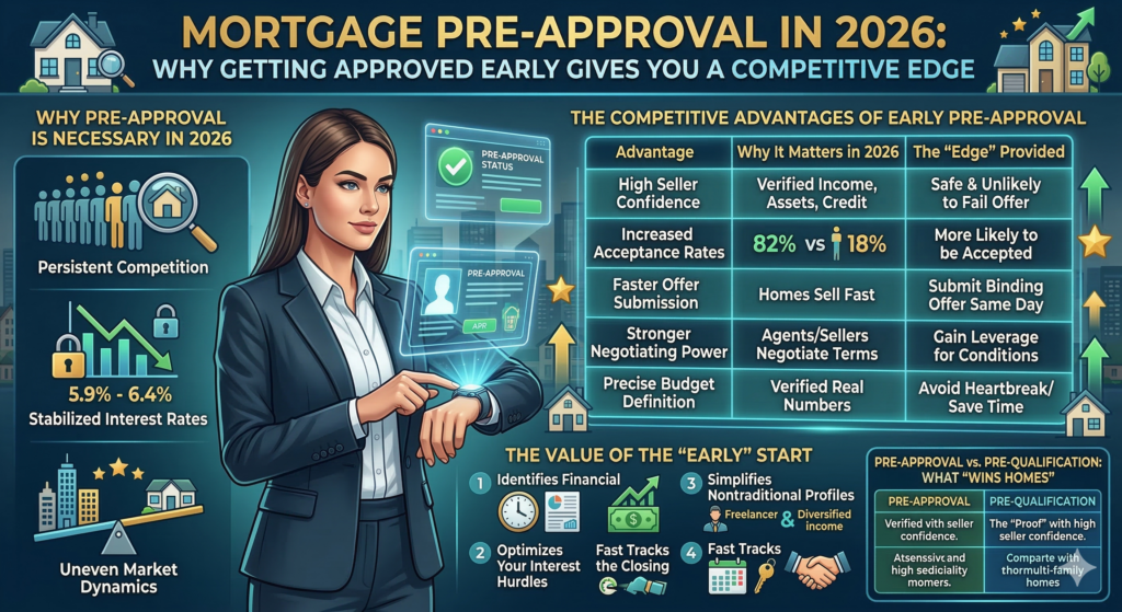 Infographic showing the benefits of mortgage pre-approval in 2026 including higher seller confidence and faster closing times.