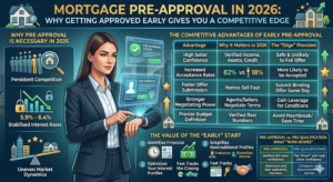 Infographic showing the benefits of mortgage pre-approval in 2026 including higher seller confidence and faster closing times.