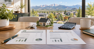 Mortgage worksheets comparing a seller credit vs price reduction beside house keys, a calculator, and a model home overlooking a Colorado neighborhood.
